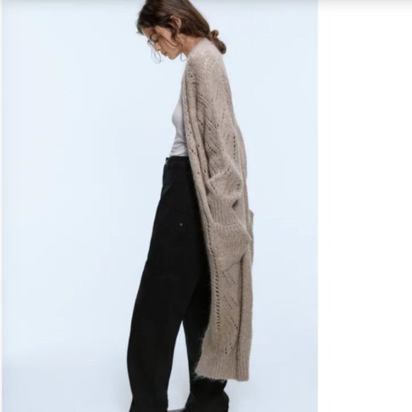 Zara Sweaters - NWT Zara Wool Blend Long Knit Cardigan Tan/Beige Front Pockets Long Sleeve M